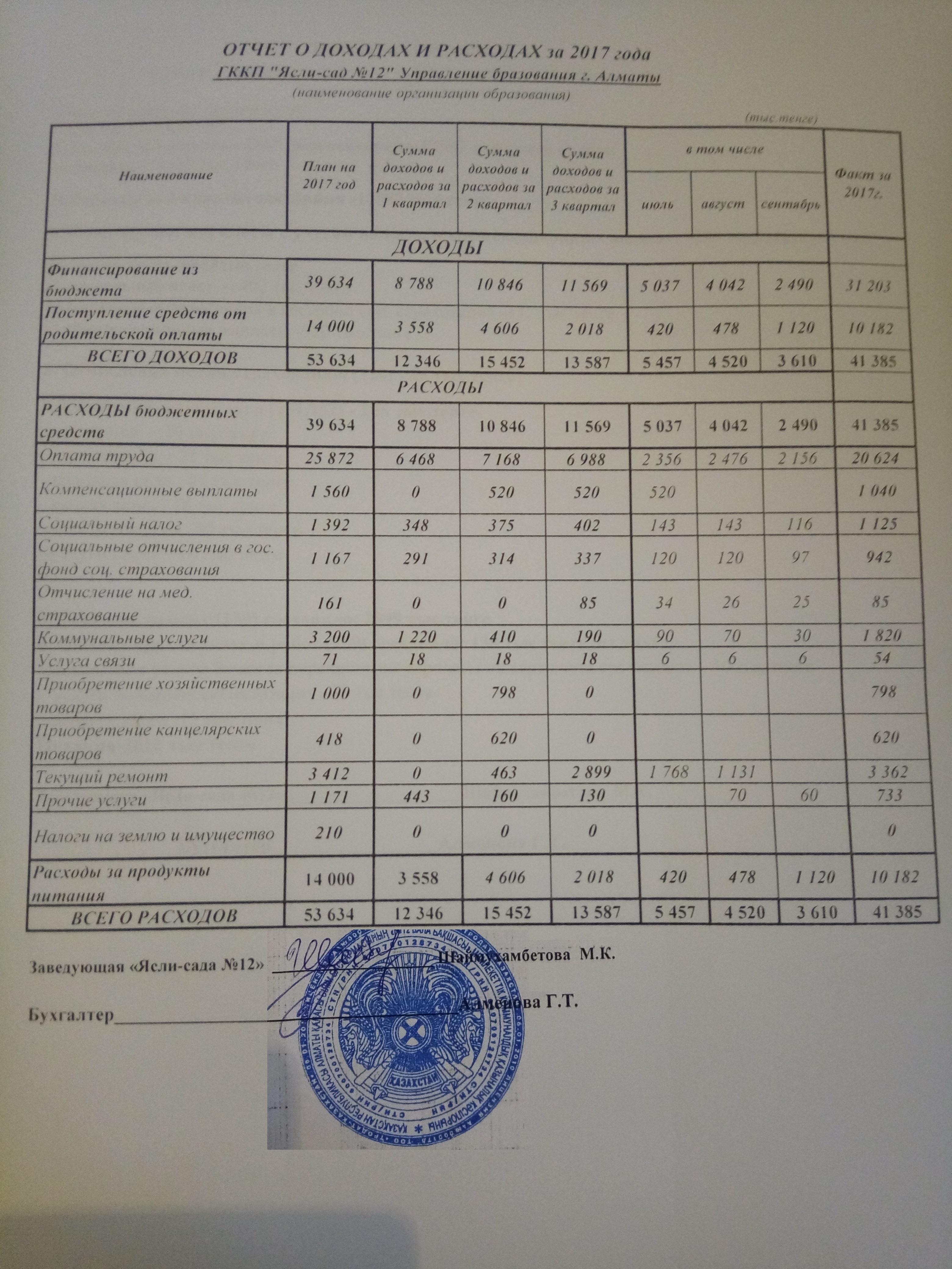 Отчет о доходах и расходах за 2017год