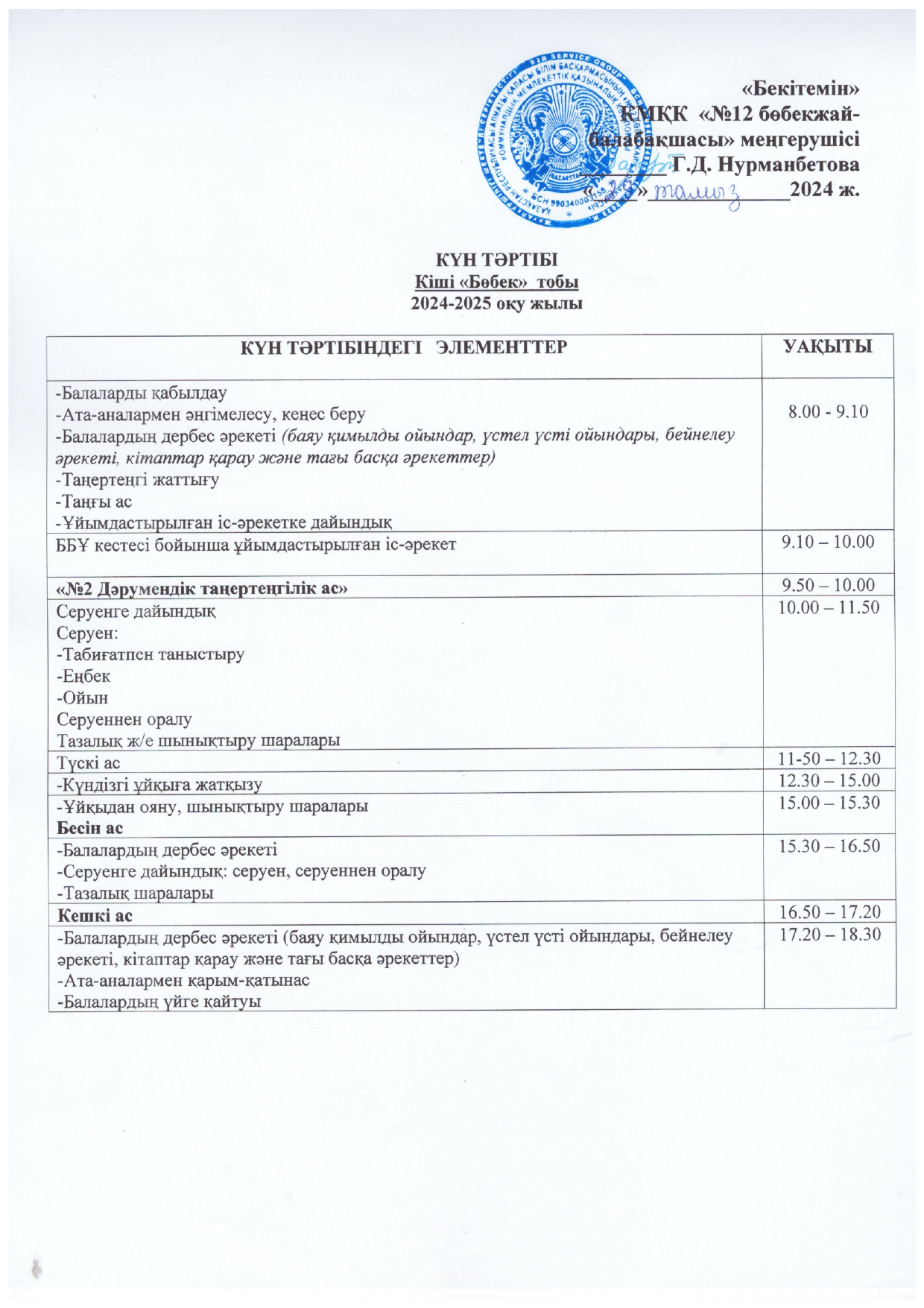 Күн тәртібі кіші "Бөбек тобы " 2024-2025 оқу жылы