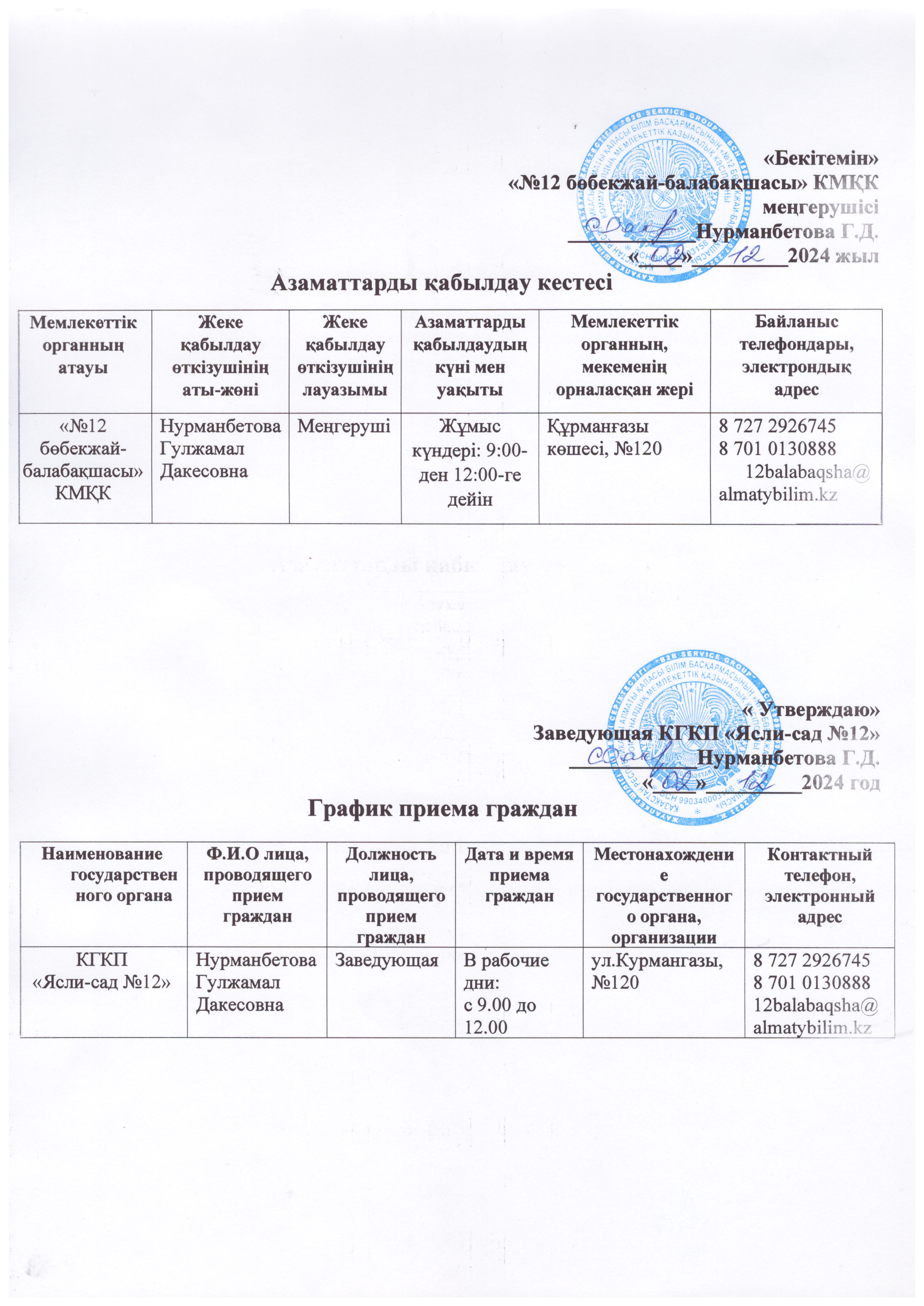 Азаматтарды қабылдау кестесі 2024ж/График прием граждан 2024г