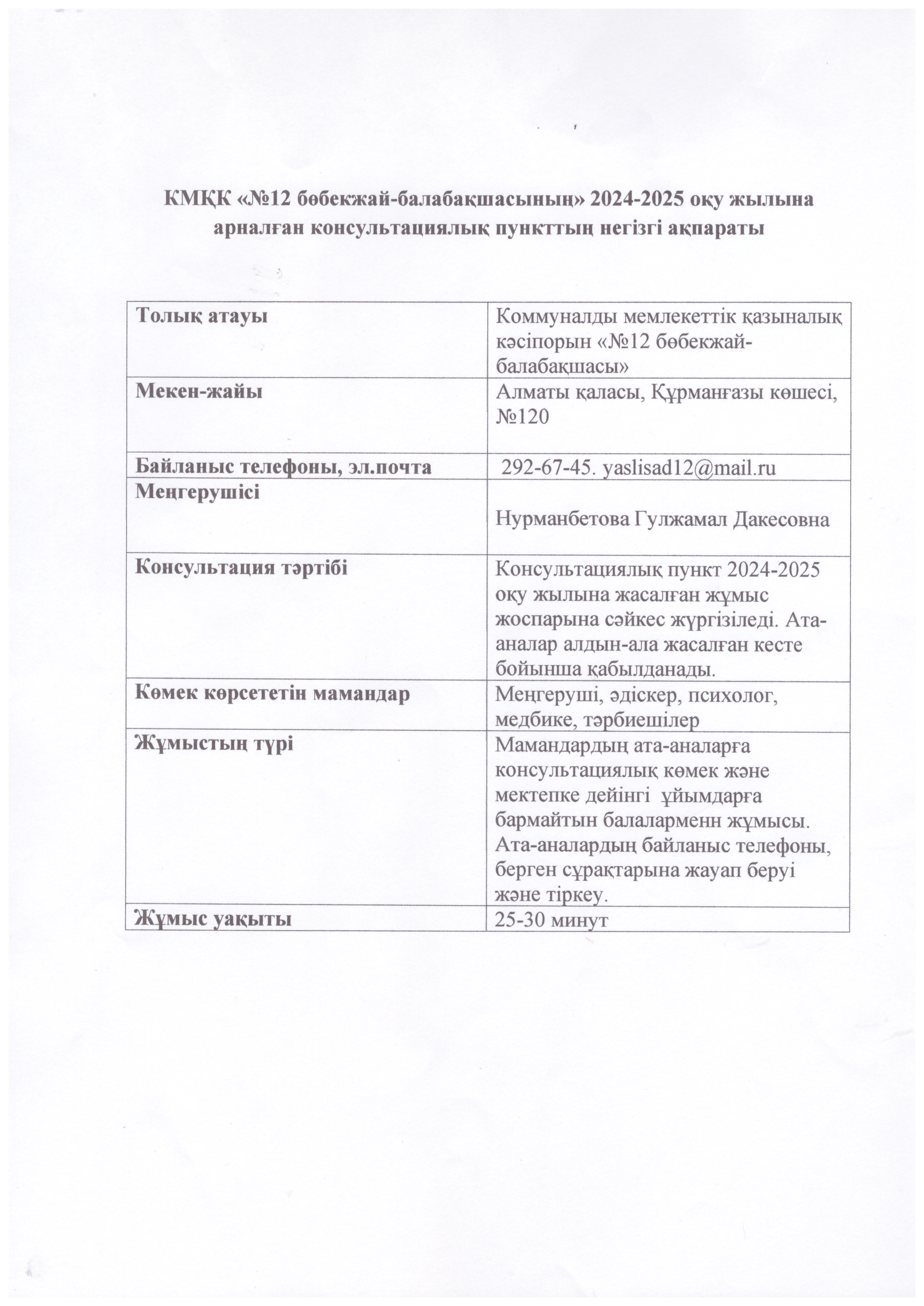 КМҚК "№12 бөбекжай-балабақшасының" 2024-2025 оқу жылына арналған консультациялық пунктың негізгі ақпараты